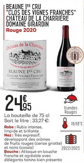 beaune 1er cru "clos des vignes franches" château de la charrière domaine girardin rouge 2020