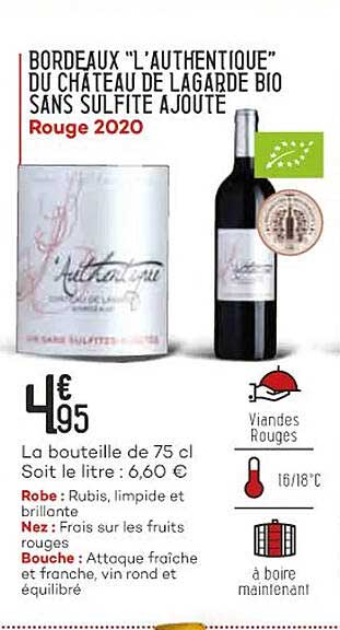 bordeaux "l'authentique" du château de lagarde bio sans sulfite ajouté rouge 2020