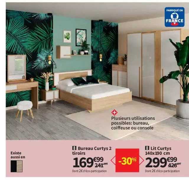 Bureau Curtys 2 Tiroirs, Lit Curtys 140 X 190 Cm