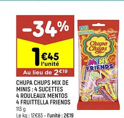 chupa chups mix de minis : 4 sucettes 4 rouleaux mentos 4 fruittella friends
