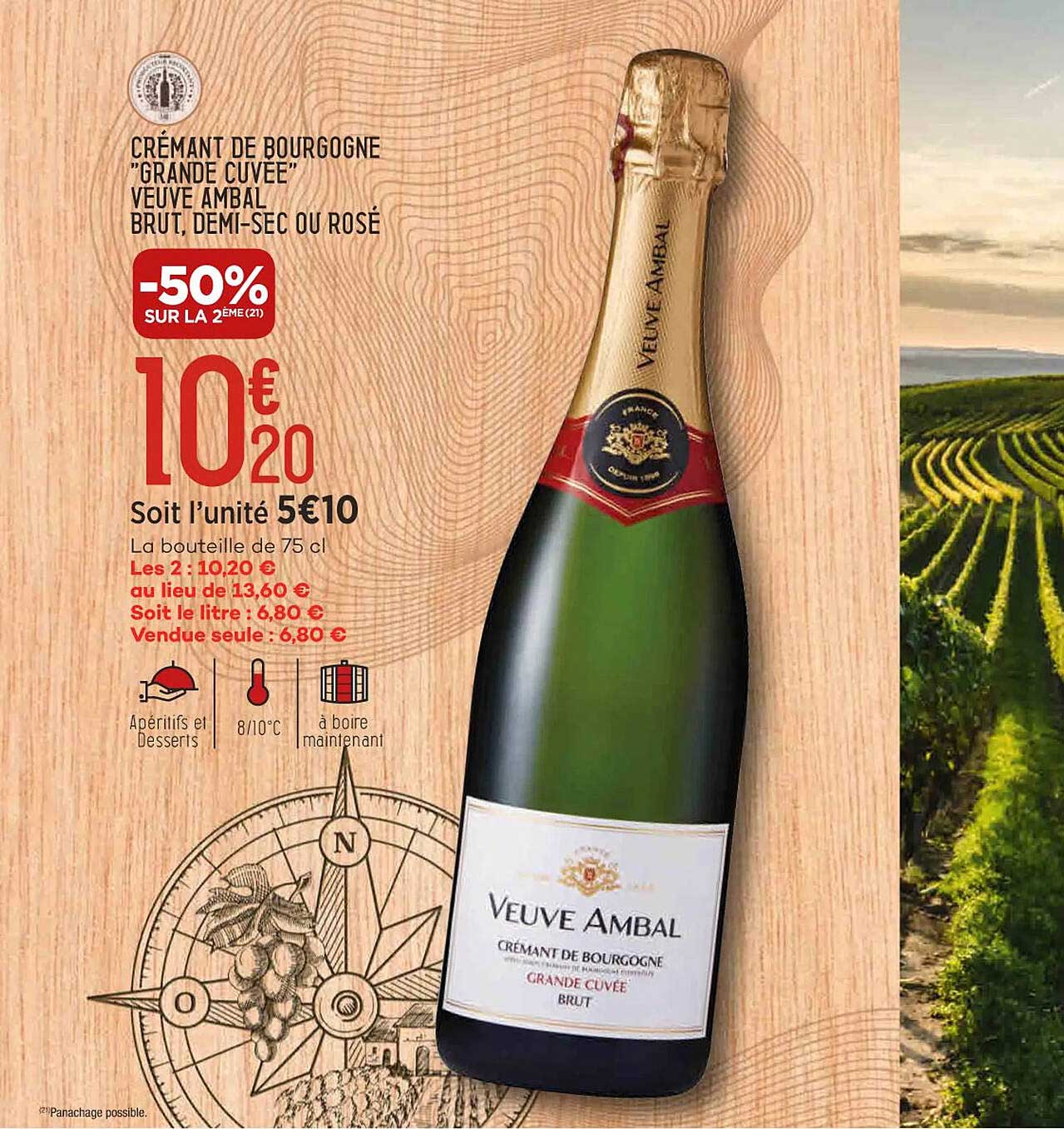 crémant de bourgogne "grande cuvée" veuve ambal brut, demi-sec ou rosé