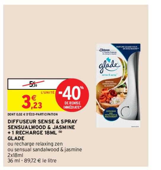 diffuseur sense & spray sensualwood & jasmine + 1 recharge 18ml glade