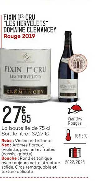 fixin 1er cru "les hervelets" domaine clemancey rouge 2019