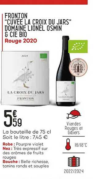 fronton "cuvée la croix du jars" domaine lionel osmin & cie bio rouge 2020