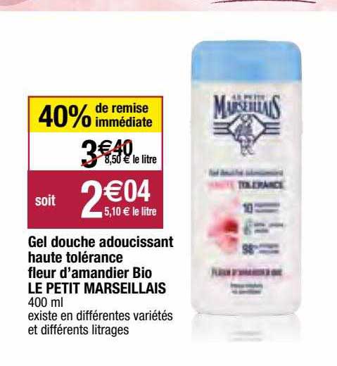 gel douche adoucissant haute tolérance fleur d'amandier bio le petit marseillais
