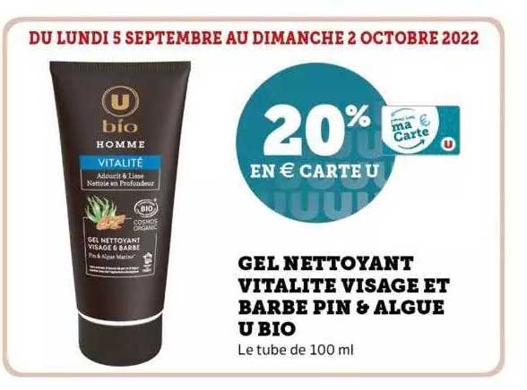 gel nettoyant vitalité visage et barbe pin & algue u bio