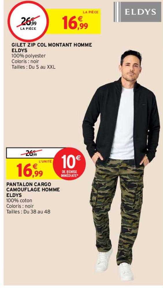 gilet 2ip col montant homme eldys, pantalon cargo camouflage homme eldys