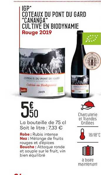 igp côteaux du pont du gard "cananga" cultive en biodynamie rouge 2019