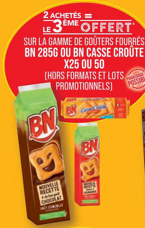 la gamme de goûters fourrés bn 285 g ou bn casse croûte x25 ou 50