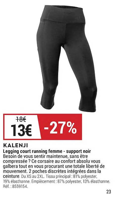 legging court running femme - support noir kalenji