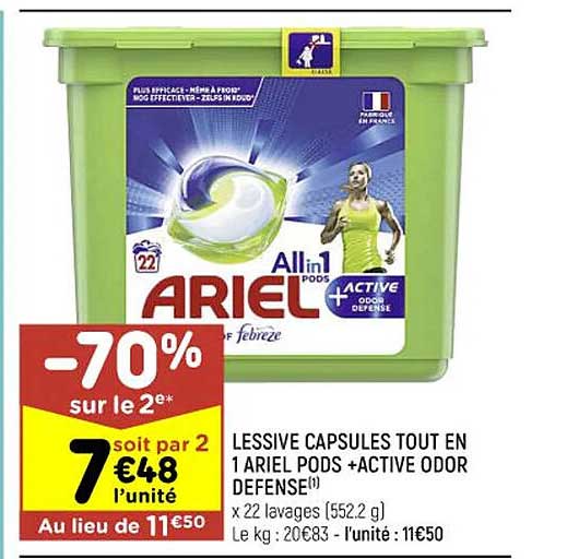 lessive capsules tout en 1 ariel pods +active odor defense
