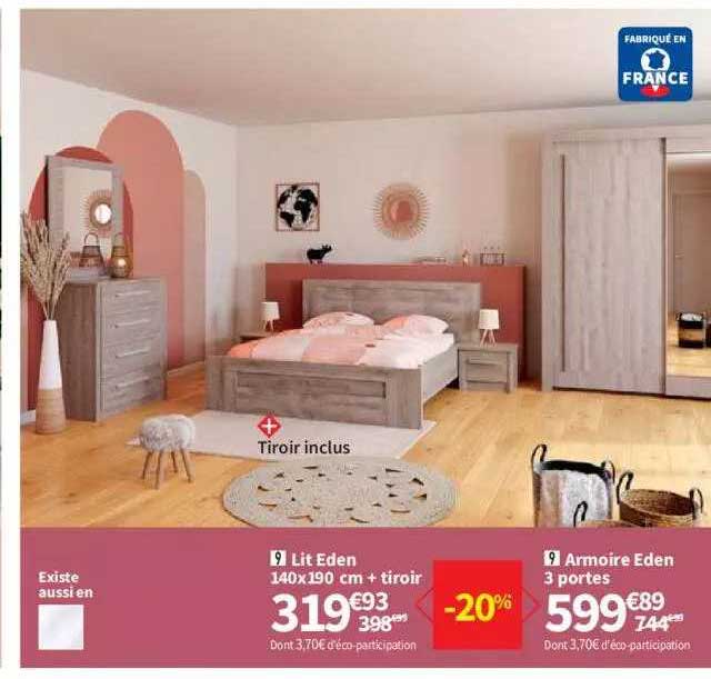 Lit Eden 140 X 190 Cm + Tiroir, Armoire Eden 3 Portes