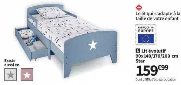 lit évolutif 90 x 140 - 170 - 200 cm star