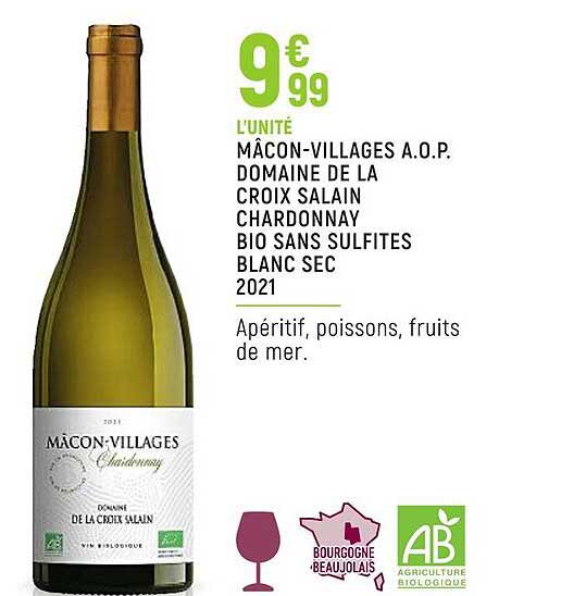mâcon-villages a.o.p. domaine de la croix salain chardonnay bio sans sulfites blanc sec 2021