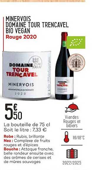 Minervois Domaine Tour Trencavel Bio Vegan Rouge 2020