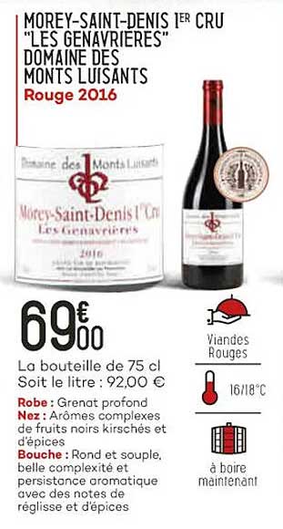 morey-saint-denis 1er cru "les genavrières" domaine des monts luisants rouge 2016
