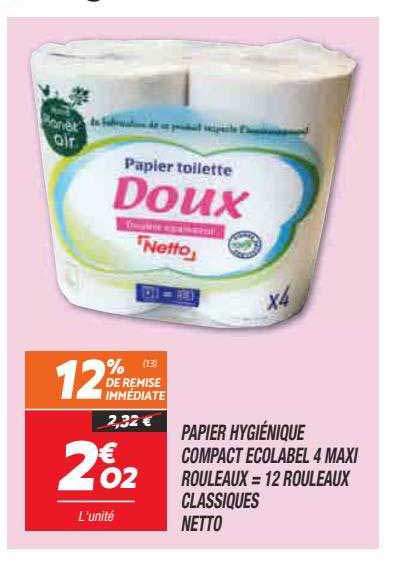 Papier Hygiénique Compact écolabel 4 Maxi Rouleaux = 12 Rouleaux Classiques Netto