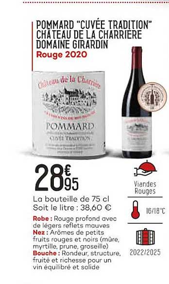 pommard "cuvée tradition" château de la charrière domaine girardin rouge 2020