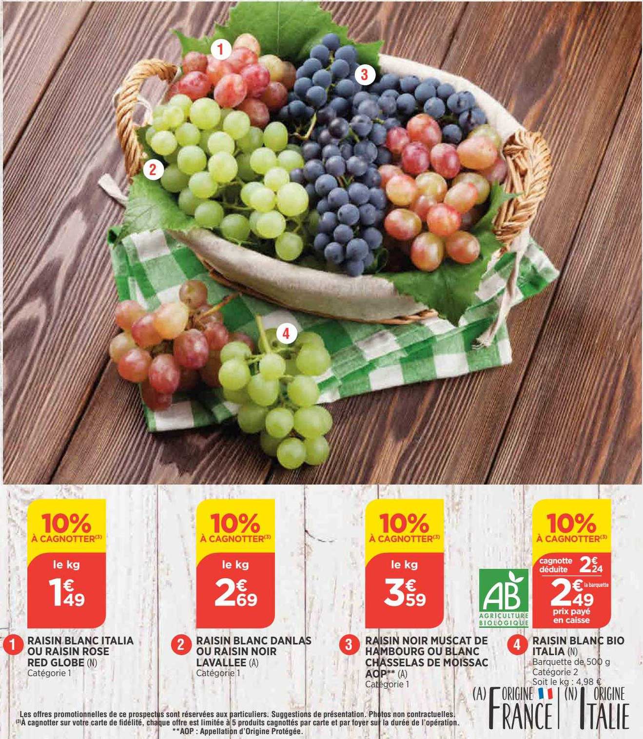 Raisin Blanc Italia Ou Raisin Rose Red Globe, Raisin Blanc Danlas Ou Raisin Noir Lavallée, Raisin Noir Muscat De Hambourg Ou Blanc Chasselas De Moissac Aop, Raisin Blanc Bio Italia