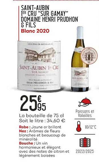 saint-aubin 1er cru "sur gamay" dmaine henri prudhon & fils blanc 2020