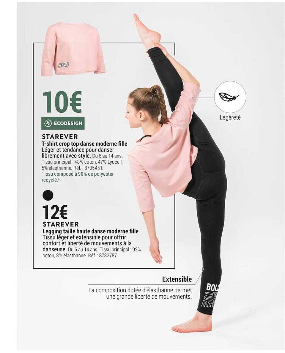 t-shirt crop top dance  moderne fille starever, legging taille haute dance moderne fille starever