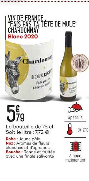 vin de france "fais pas ta tête de mule" chardonnay blanc 2020