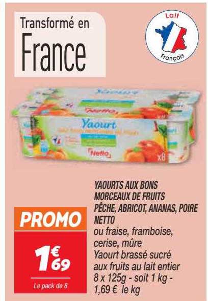 yaourts aux bons morceaux de fruits pêche, abricot, ananas, poire netto