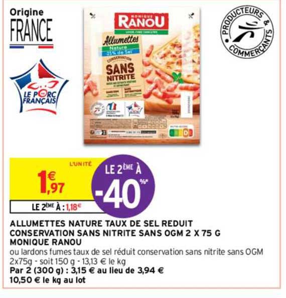 allumettes nature taux de sel réduit conservation sans nitrite sans ogm 2 x 75 g monique ranou