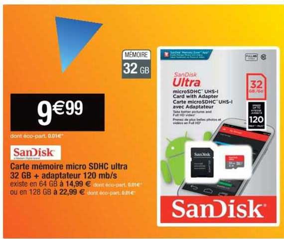 carte mémoire micro sdhc ultra 32 gb + adaptateur 120 mb/s sandisk