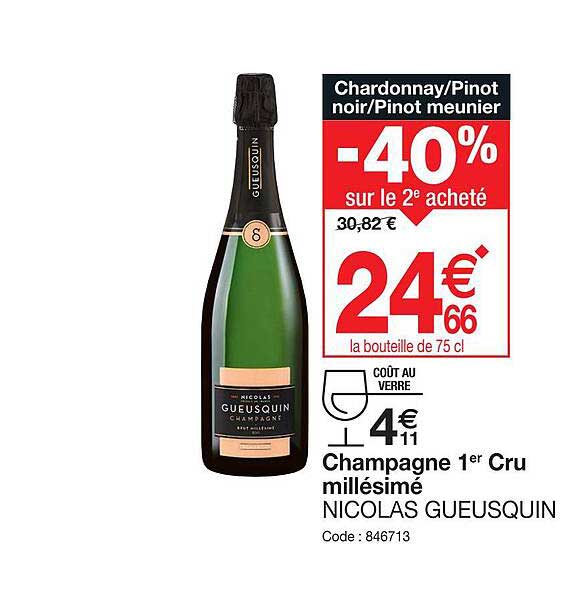 champagne 1er cru millésimé nicolas gueusquin -40% sur le 2e acheté