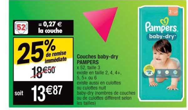 couches baby-dry pampers 25% de remise immédiate