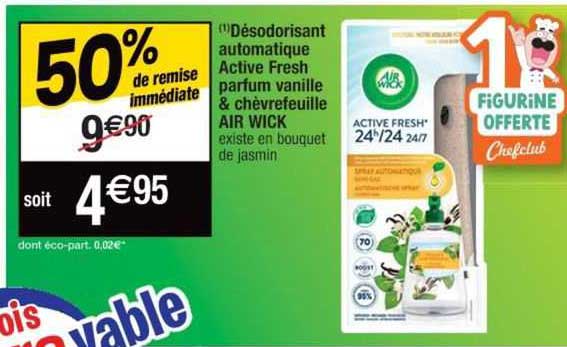 désodorisant automatique active fresh parfum vanille & chèvrefeuille air wick 50% de remise immédiate