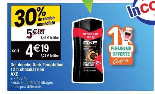 gel douche dark temptation 12h chocolat noir axe 30% de remise immédiate