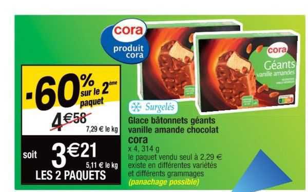 Glace Bâtonnets Géants Vanille Amande Chocolat Cora -68% Sur Le 2ème Paquet