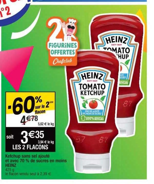 Ketchup Sans Sel Ajouté Et Avec 70% De Sucres En Moins Heinz -60% Sur Le 2ème Flacon