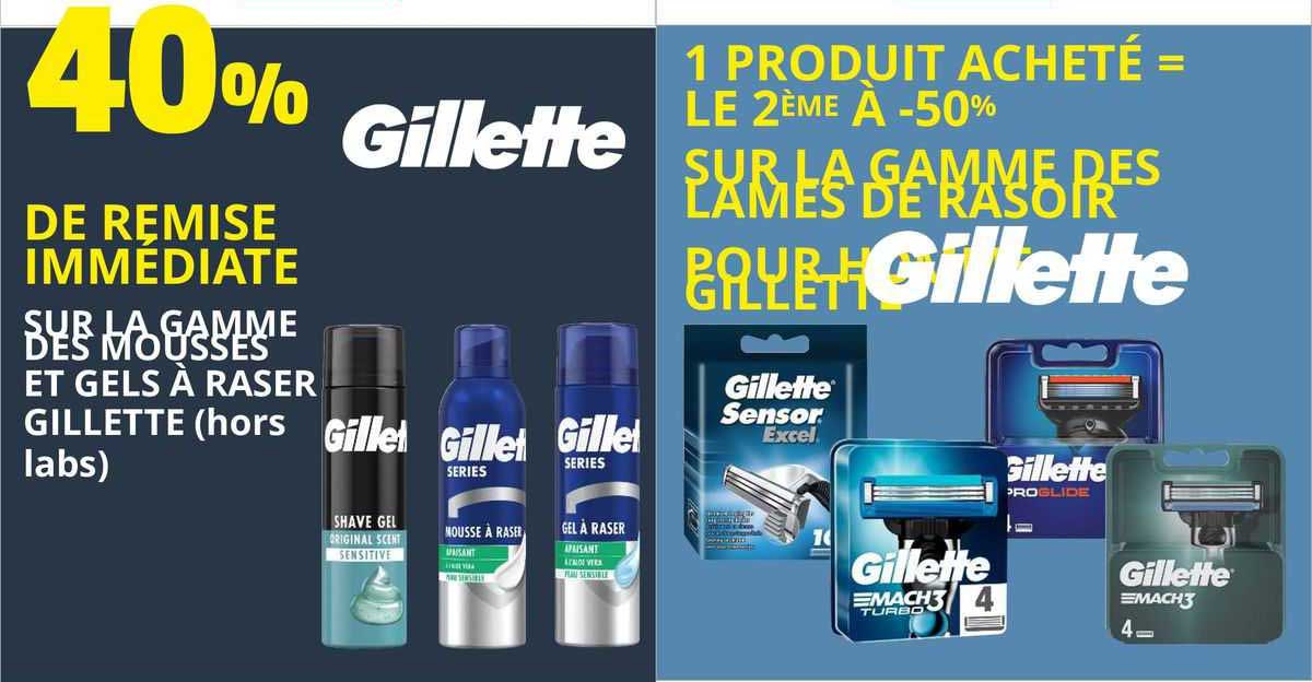 la gamme des mousses et gels à raser gillette, la gamme des lames de rasoir poru homme gillette