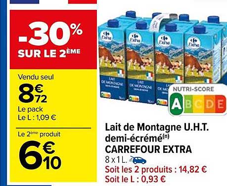 lait de montange u.h.t. demi-écrémé carrefour extra