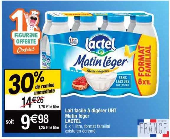 lait facile à digérer uht matin léger lactel 30% de remise immédiate