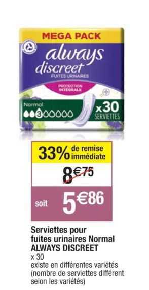 serviettes pour fuites urinaires normal always discreet