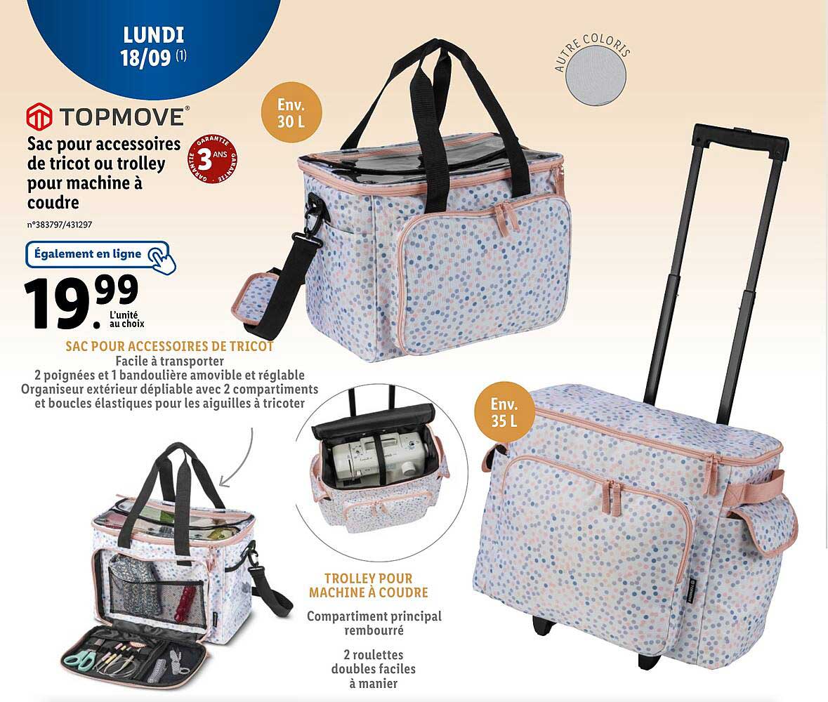 topmove sac pour accessoires de tricot ou trolley pour machine à coudre