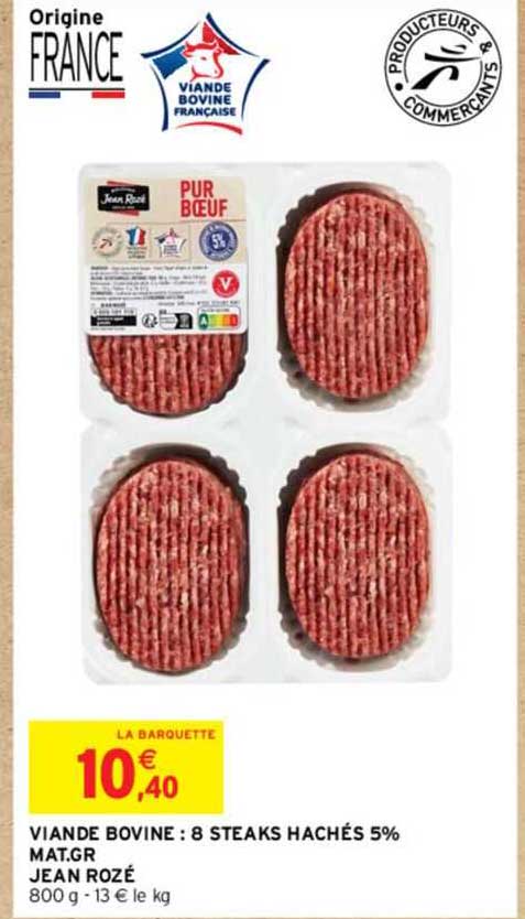 viande bovine : 8 steaks hachés 5% mat.gr. jean rozé