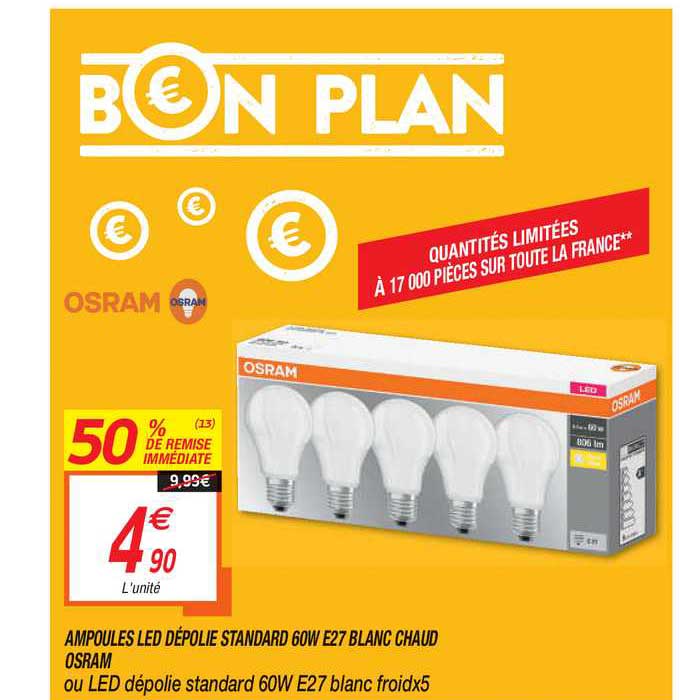 Ampoules Led Dépolie Standard 60w E27 Blanc Chaud Osram 50% Remise Immédiate