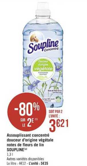 assouplissant concentré douceur d'origine végétale notes de fleurs de lin soupline -80% sur le 2e