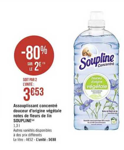assouplissant concentré douceur d'origine végétale notes de fleurs de lin soupline -80% sur le 2e