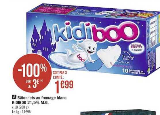 bâtonnets au fromage blanc kidiboo 21.5% m.g. -100% sur le 3e