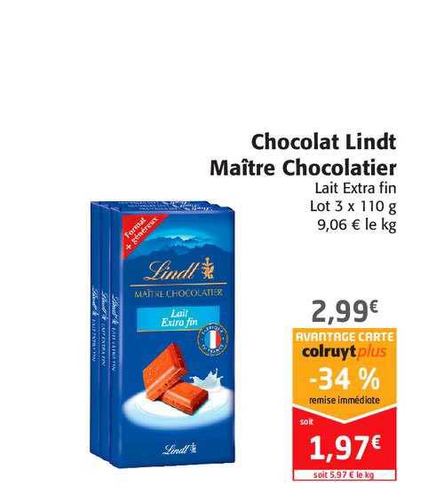 chocolat lindt maître chocolatier -34% remise immédiate