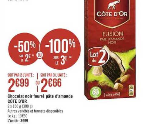 chocolat noir fourré pâte d'amande côte d'or -50% sur le 2e ou -100 sur le 3e
