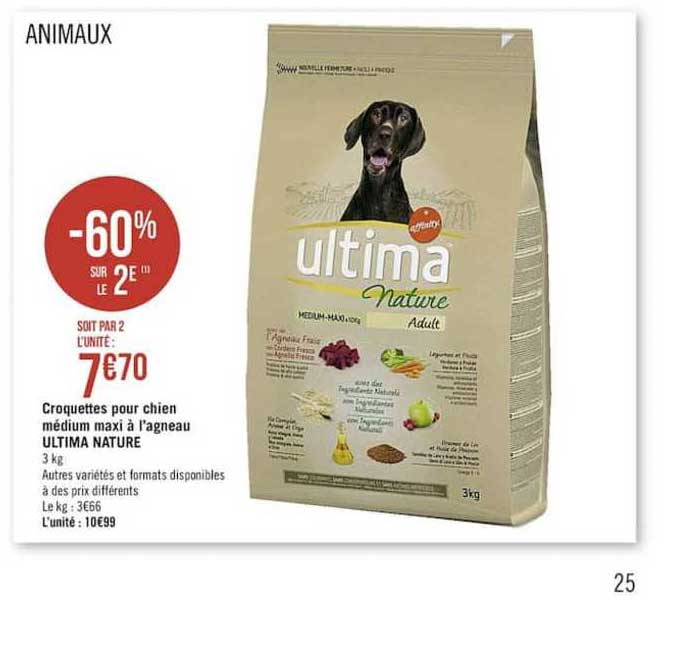 croquettes pour chien médium maxi à l'agneau ultima nature -60% sur le 2e