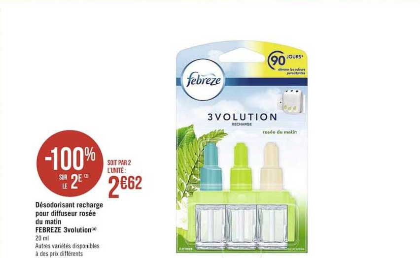 désodorisant recharge pour diffuseur rosée du matin febrèze 3volution -100% sur le 2e