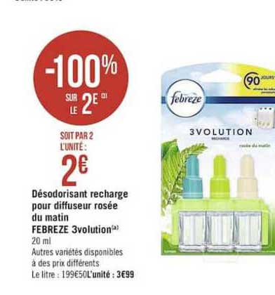 désodorisant recharge pour diffuseur rosée du matin febrèze 3volution -100% sur le 2e